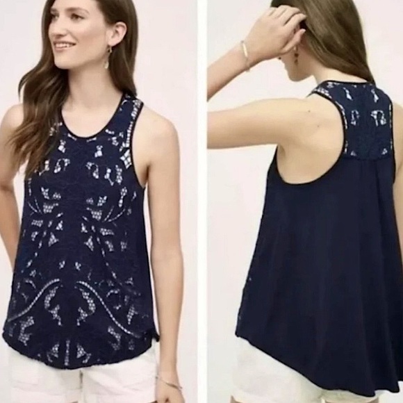 ANTHROPOLOGIE AKEMI + KIN NAVY LINED LACE TANK TOP, XS - Picture 1 of 10